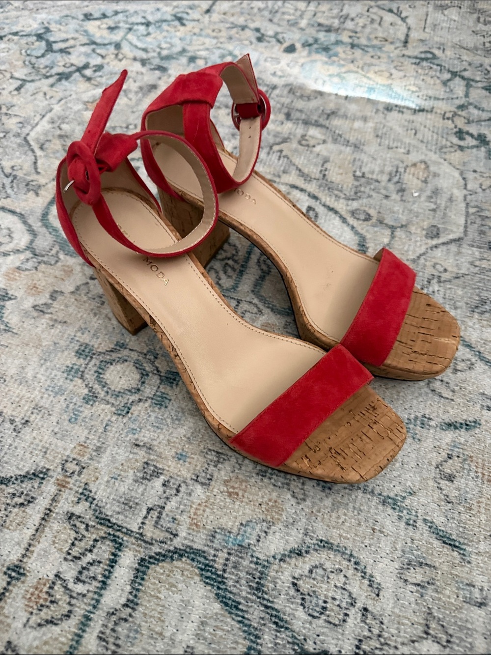 Pelle Moda Red Suede Cork Block Heel Sandals with Ankle Tie